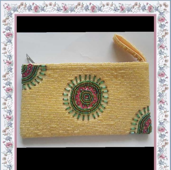 Handmade Handbags - Gipsy Hippy floral Yellow Beaded Cosmetic bag case
